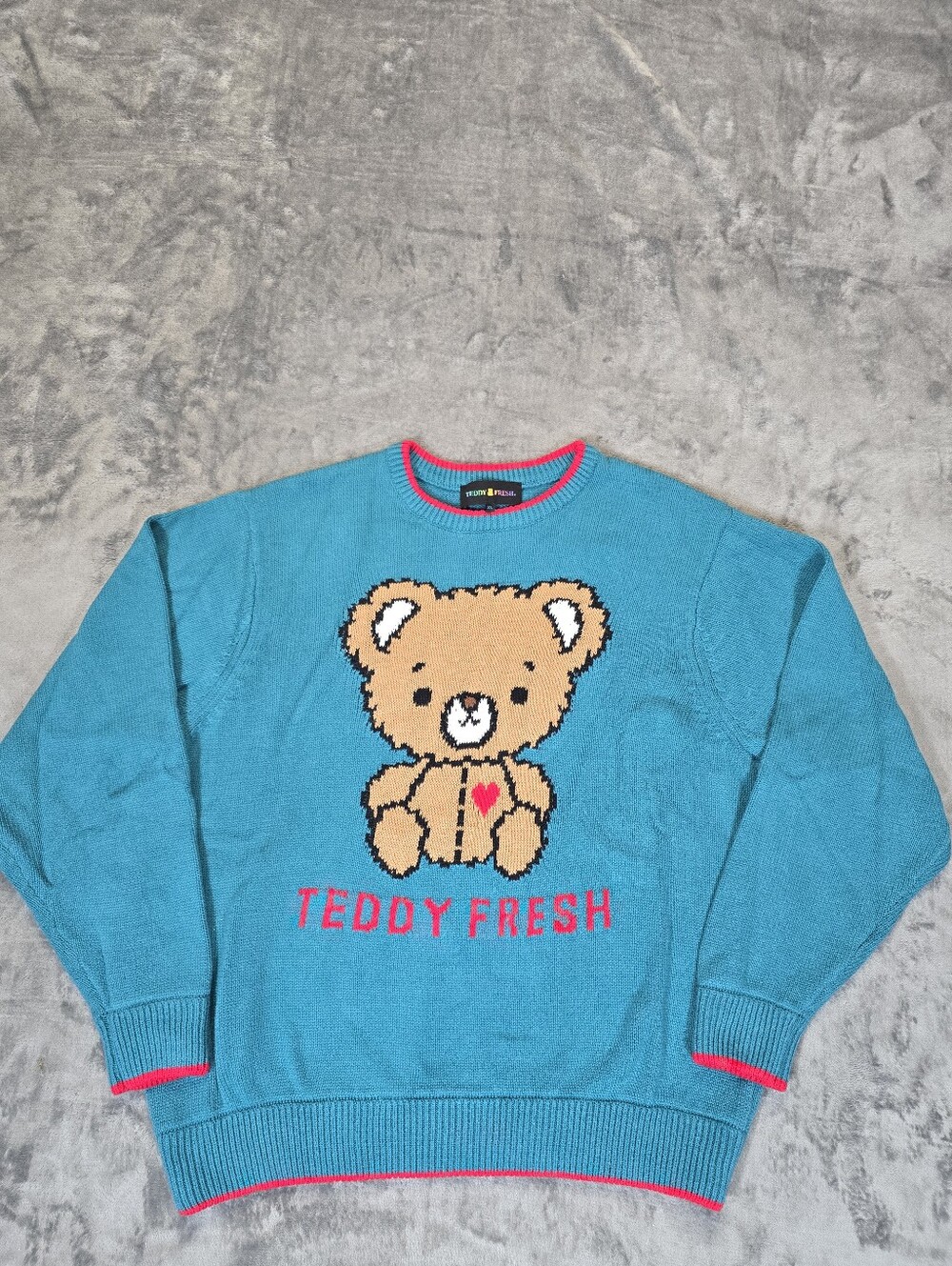 Teddy Fresh Knit Crewneck Sweater Size XL Teal Bear Heart Blue